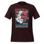 A maroon t-shirt displays a graphic featuring a red-faced character and several stylized cat heads  with Japanese text above and below them and a grid background  creating a vibrant and playful design.