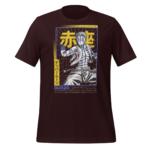 A maroon t-shirt features a stylized illustration of a muscular character striking a pose within a grid background surrounded by Japanese text including the name and other details about the character.