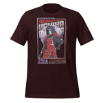 A dark maroon t-shirt features an image of a character in red armor with long black hair holding up a hand. Japanese text is positioned around the character.