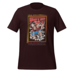 A maroon t-shirt displays a colorful graphic of a character striking a dynamic pose surrounded by lines and symbols  set against a stylized background with text elements.