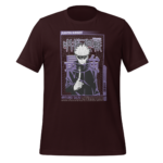 A maroon t-shirt displays a graphic of a character with white spiky hair wearing sunglasses and a dark coat holding a finger to his lips against a stylized background with text in Japanese and English.