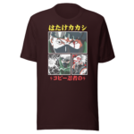 A maroon t-shirt features a graphic design with four panels showing stylized characters in ninja attire displaying various expressions and actions with Japanese text above and below the images.