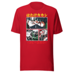 A red T-shirt displays four comic-style panels featuring characters with intense expressions and action poses amidst dramatic backgrounds with lightning and blood  including Japanese text at the top and bottom.