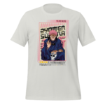 A white t-shirt features a colorful graphic of a character with spiky pink hair wearing a blue outfit and holding a skull while smiling. Text is present below the image in Japanese.