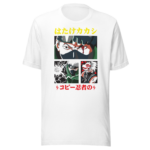 A white t-shirt features four panels of animated characters with intense expressions depicting action and emotion with Japanese text above and below emphasizing their roles and a theme of ninja abilities.