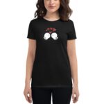 A woman is wearing a black t-shirt featuring two cartoon-like white birds facing each other with red hearts above them  conveying a theme of love or affection.