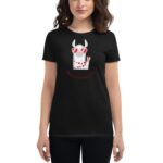 A woman is wearing a black t-shirt featuring a cartoon llama with glasses and hearts. The llama is giving a peace sign with the text Happy Valentine's Day below it.