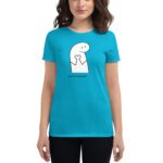 A person wears a bright turquoise t-shirt featuring a cartoon figure holding a heart with text underneath saying You're in my heart set against a neutral background.