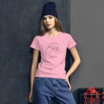 A young woman models a pink t-shirt featuring a graphic of two hands forming a heart symbol with the text "Forever Hope " set against a dark textured background with a red chain visible nearby.