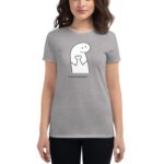 A person wears a gray t-shirt featuring a simple cartoon character holding a heart with the text You're in my heart displayed below the character in a casual setting.