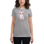 A person wears a gray t-shirt featuring a cartoon llama with heart decorations and sunglasses while gesturing with one hoof the text reads Happy Valentine's Day.
