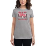 A woman wearing a gray t-shirt with a graphic design featuring two pink hearts holding hands. The text reads "You & Me ALWAYS TOGETHER" against a checkerboard background.