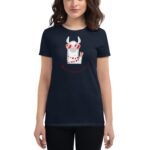 A person wears a navy t-shirt featuring a cartoon llama with sunglasses and hearts holding up a peace sign with the text "Happy Valentine's Day" below the design.