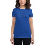 A blue T-shirt worn by a woman features the text "love love birds" in a decorative font. The setting is neutral  focusing on the clothing design and the model.