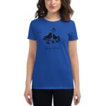 A blue t-shirt features an illustration of two birds perched on a branch surrounded by leaves with hearts above them and text saying Spring in the air below the birds.