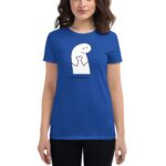 A woman is wearing a blue t-shirt featuring a white cartoon character holding a heart with the text You're in my heart below the design.