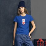 A person wears a bright blue t-shirt featuring a cartoon llama holding a heart with the text Happy Valentine's Day against a dark gray wall with a red chain.