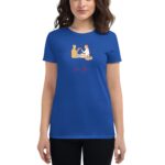 A blue t-shirt displays a graphic of two people sitting together sharing an intimate moment surrounded by small boxes and birds above them with the text Love You underneath.