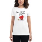 A woman is wearing a white t-shirt featuring a graphic design of a heart-shaped lock and key The text reads Forever more and You won my heart