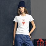 A person wearing a white t-shirt with a llama graphic and a heart stands against a dark wall while wearing a dark beanie  with red chain decor nearby. Text reads HAPPY VALENTINE'S DAY.