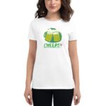 A woman wears a white t-shirt featuring a graphic of two beer mugs with foam and green accents while celebrating with a festive message celebrating St. Patrick's Day. The text reads CHEERS!! HAPPY ST.PATRICK'S DAY.