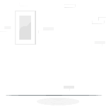 A rectangular mirror stands vertically against a plain wall reflecting a vague silhouette of a person in a minimalistic interior space with light colors and simple decor elements