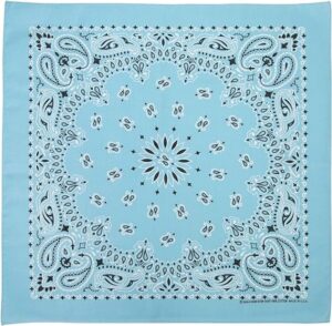 A single light blue bandana made in the USA with an western paisley design. This bandana is made of 100% cotton and measures 22x22 inches.