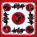 A patterned textile features a central figure of a man on a horse surrounded by illustrations of cowboys and sombreros against a bright red background.