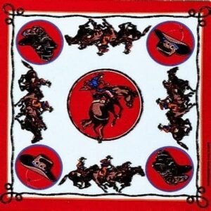 A patterned textile features a central figure of a man on a horse surrounded by illustrations of cowboys and sombreros against a bright red background.