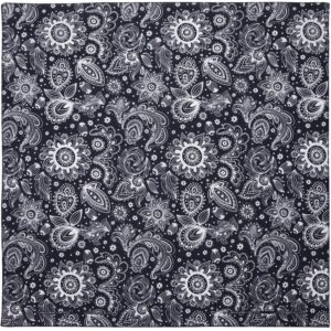 A navy bandana featuring a paisley flower design, measuring 22x22 inches.