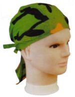 A green and black patterned bandana is tied around a mannequin's head with the ends hanging down the side in a neutral setting that emphasizes the headwear's design.