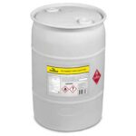 A large 52 gallon drum of liquid hand sanitizer, with a label indicating it contains 80% ethanol.
