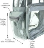 A gray transparent backpack features a side pocket with a zipper measuring 2 inches in depth 7 inches in length and 4 inches in width along with additional front pocket specifications.