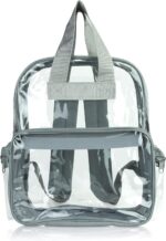 A transparent backpack with gray straps displays a spacious compartment and a front zippered section designed for carrying items while allowing visibility of contents in various settings.
