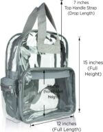 A clear backpack features a front pocket and is designed for easy access. It measures 15 inches in height 12 inches in length and 8 inches in front pocket height with a 7-inch carrying strap.