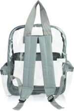 A transparent backpack is positioned upright featuring gray straps and a handle designed for carrying it comfortably in various environments such as schools or events where clear bags are required.