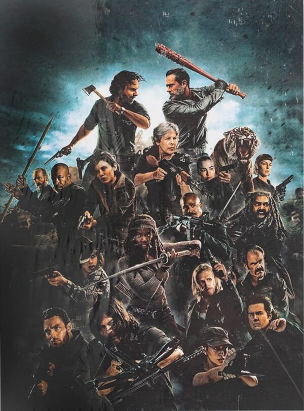 A group of diverse individuals stands in an action pose holding various weapons like guns and bats against a dramatic dark background suggesting tension and conflict.