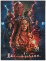 A group of characters from a show stands together with a red-skinned figure in the center. One character emanates a glowing energy from her hands. The background is colorful with bright lights. Text at the bottom reads WandaVision.