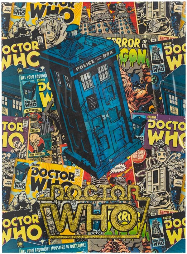 A blue police box is centrally placed against a chaotic background of vintage comic book covers featuring various characters from Doctor Who in a colorful collage style.