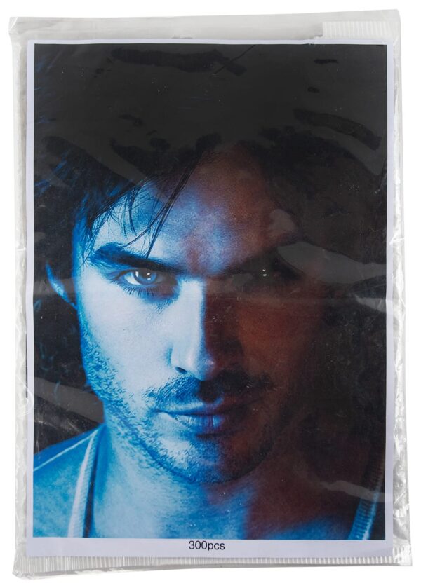 A portrait of a man with dark hair and intense eyes is displayed in a plastic sleeve. The image has a blue tint and features strong facial contrasts against a dark background. The bottom of the sleeve shows text indicating "300pcs."