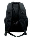 A black backpack stands upright showing two shoulder straps and side mesh pockets designed for carrying items in various settings such as school travel or outdoor activities.
