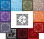 Multiple square patterns are arranged in a grid with various colors including blue green gray purple orange red and black showcasing intricate designs with floral and geometric motifs at the center. A white square in the middle features a black and white design.