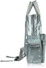 A gray transparent backpack stands upright displaying multiple compartments and zippers designed for storage showcasing its utilitarian design ideal for carrying personal items in various settings.