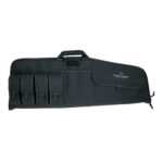 A black carrying case features multiple compartments and a handle designed for transporting equipment securely in varied environments such as outdoor or tactical settings.