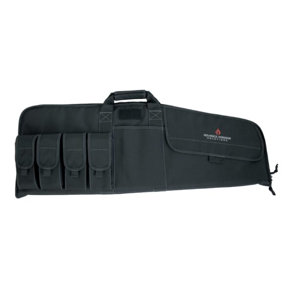 A black carrying case features multiple compartments and a handle designed for transporting equipment securely in varied environments such as outdoor or tactical settings.