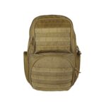 A tan tactical backpack with multiple compartments and MOLLE webbing is prominently displayed in a neutral background showcasing its rugged design and practical features for outdoor use.