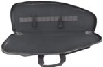 A black soft case sits open revealing a smooth interior with straps for securing items the case is designed for transporting instruments or delicate equipment in a protective manner.