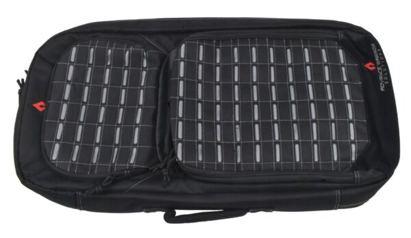 A black padded bag with two zippered compartments has a grid pattern and a red logo on one side. It is designed for storage and transport of equipment in various environments.