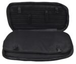 A black zipped pouch is open and displayed flat showing interior compartments with straps for securing items the pouch is likely used for organizing gear or accessories.