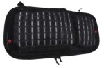 A black padded bag with a grid pattern on the surface is displayed in a flat position showcasing its compartments and zipper details designed for carrying equipment or personal items.